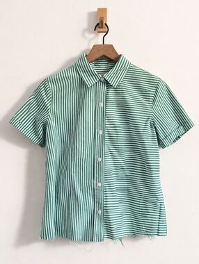 CURRENT/ELLIOTT Telly Green White Striped Button-Up Tie Back Top Cotton S